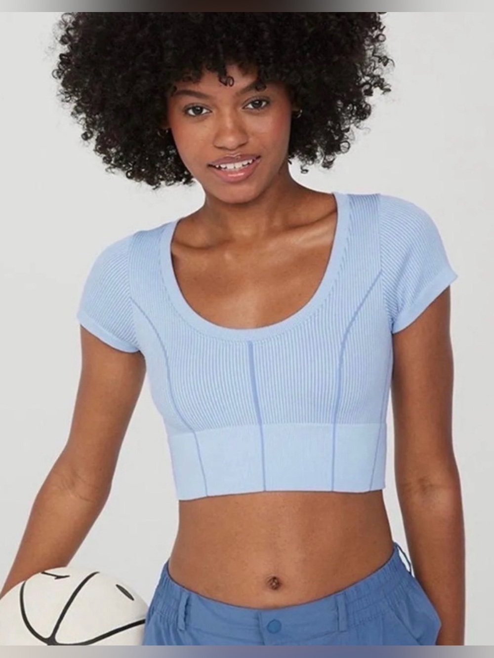 Offline by Aerie Blue Seamless Ribbed Crop Tee Size Small